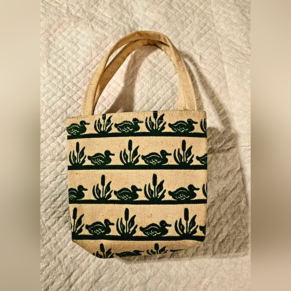 Mini planter bag cream and green swan duck decor. Use as bag or mini pot holder